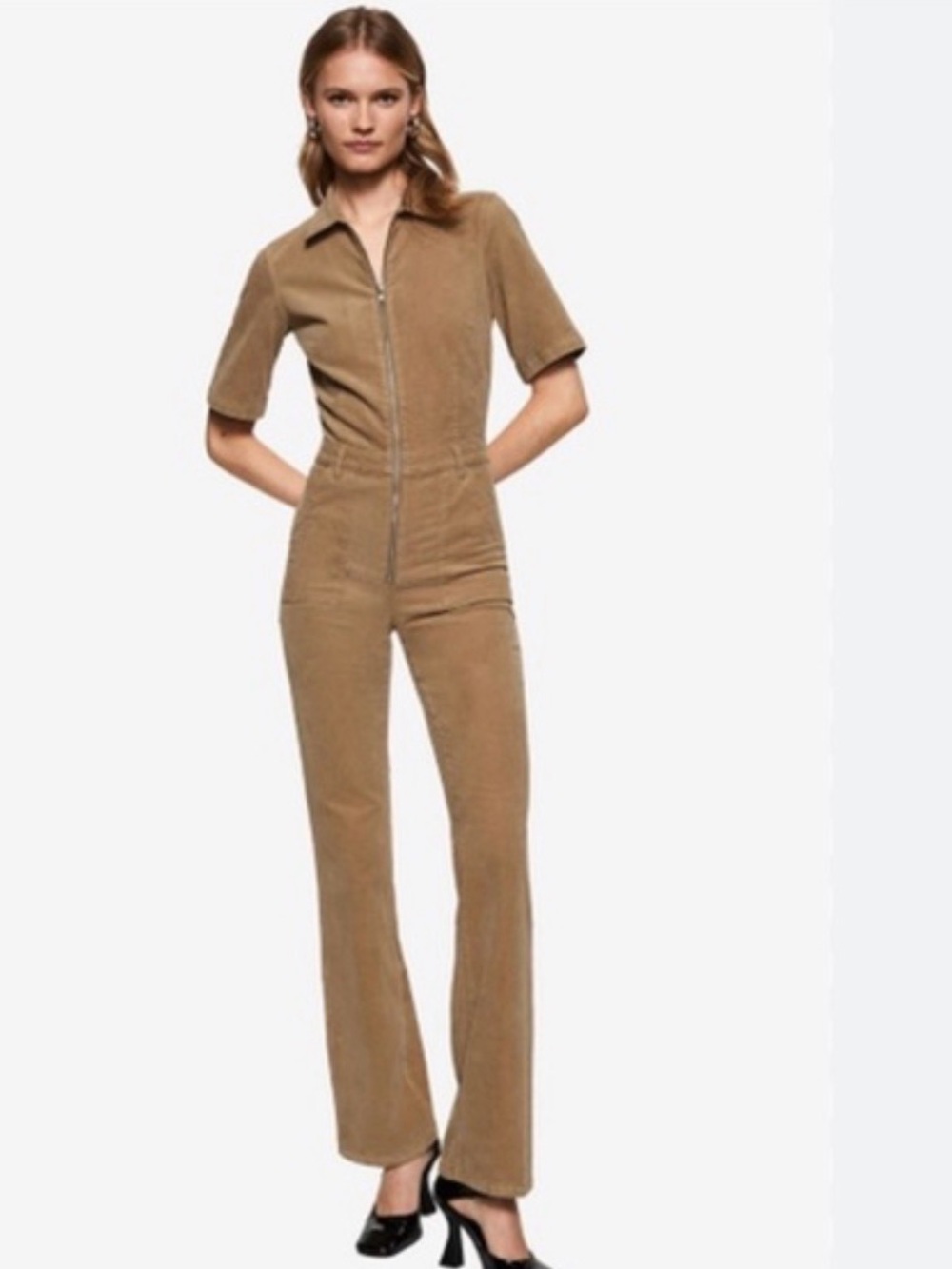 Main Strip Taupe Brown Corduroy Zip-Front Jumpsuit Short Sleeve Small